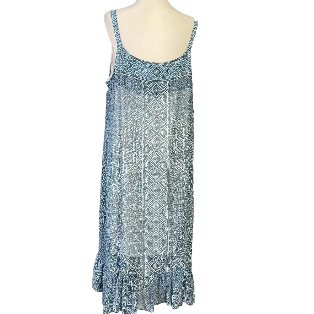 NIC+ZOE Dress Womens L Blue Geometric Chiffon Ruffle Hem Lined Sundress Midi